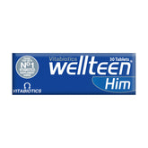 Blue box of Wellteen Vitabiotics Him vitamins 30 tablets male multivitamin pack by Vitabiotics
